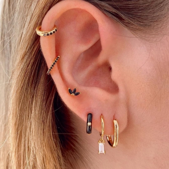 Little Baby Blue Gold Hinged Hoops Enamel Hoop Earrings Rhinestone Crystal New - Picture 6 of 6